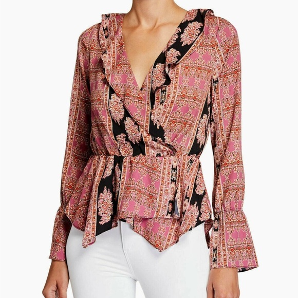 BCBGMaxAzria Women’s Size Large Surplice Asymmetrical Top Black & Pink Print - Picture 1 of 11